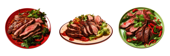 Png Set Grilled beef with lettuce and chili on a red plate transparent background