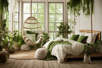 Rustic bedroom with wooden farmhouse decor, green and white color scheme, hanging chair, plants, vintage country style. Generative AI