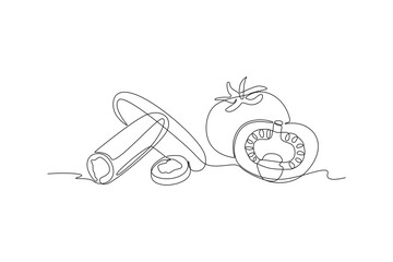 Continuous one line drawing Healthy food concept. Vegetables, fruits and milk. Doodle vector illustration.