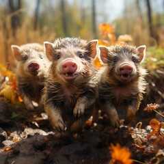 Cute funny Boar group running and playing on green grass in autum