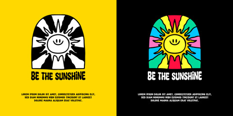 Smiling sun and groovy rainbow with be the sunshine typography, illustration for logo, t-shirt, sticker, or apparel merchandise. With doodle, retro, groovy, and cartoon style.