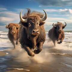 Cute funny Buffalo group running and playing on beach in autum