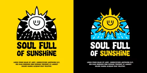 Poster Im Rahmen Sun in the sky with soul full of sunshine typography, illustration for logo, t-shirt, sticker, or apparel merchandise. With doodle, retro, groovy, and cartoon style. © Epan