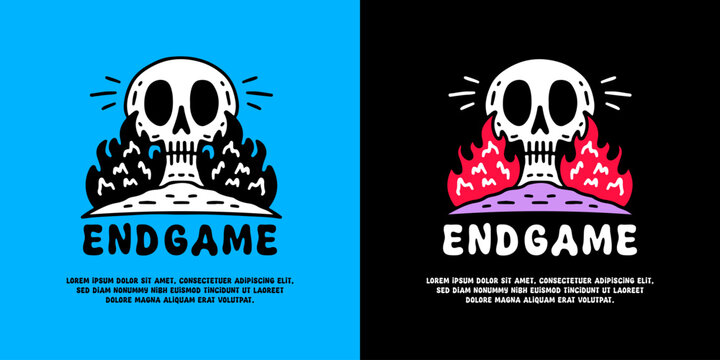 Flaming skull head with endgame typography, illustration for logo, t-shirt, sticker, or apparel merchandise. With doodle, retro, groovy, and cartoon style.