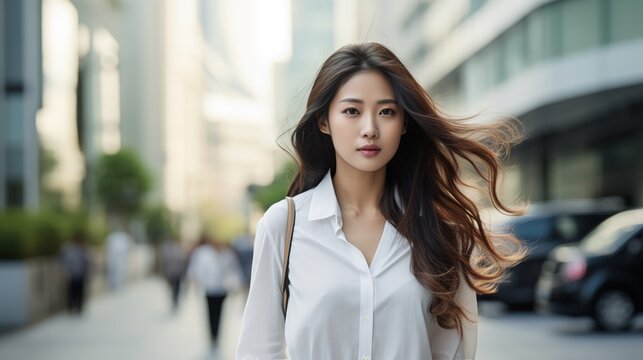 portrait of an asian business woman walking in the city