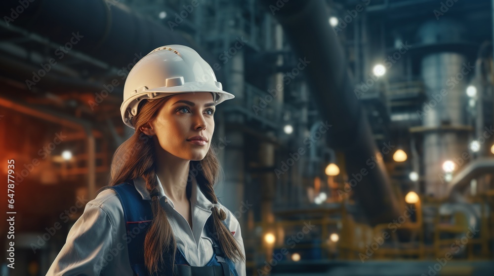 Poster female engineer working at the oil and refinery business plant