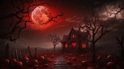Haunted house in horror landscape in blood red full moon spooky forest