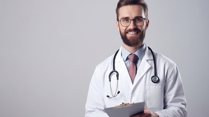 portrait of a male doctor holding tablet on a white background