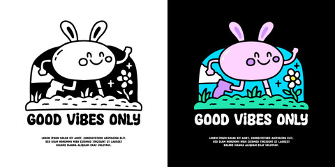 Adorable bunny character running in the park with good vibes only typography, illustration for logo, t-shirt, sticker, or apparel merchandise. With doodle, retro, groovy, and cartoon style.