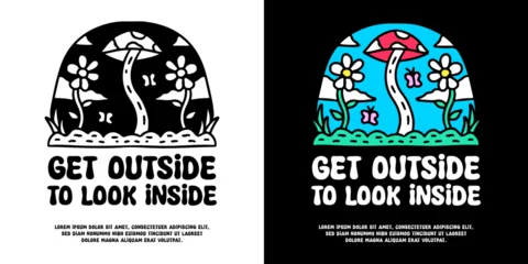 Outdoor kussens Mushroom and sunflower in the park with get outside to look inside typography, illustration for logo, t-shirt, sticker, or apparel merchandise. With doodle, retro, groovy, and cartoon style. © Epan