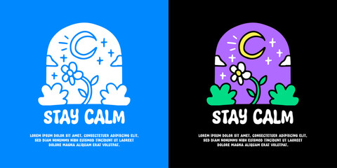 Sunflower and the moon with stay calm typography, illustration for logo, t-shirt, sticker, or apparel merchandise. With doodle, retro, groovy, and cartoon style.
