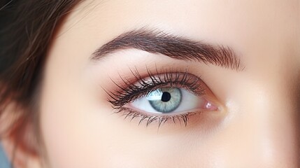 Fototapeta premium close up of eye with make up, Eyeshadow and a depiction of a woman's eyes with eyelash extensions, makeup results, or natural facial cosmetics. Skincare for anti-aging purposes