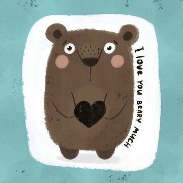 I love you beary much. Cartoon cute bear, hand drawing lettering, hearts, decor elements. Colorful illustration for children. baby design for print in the nursery, poster decoration, cards, kids