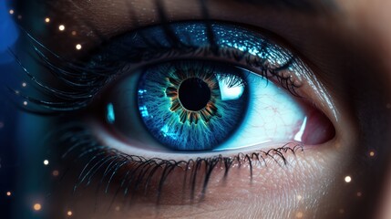 Close-up of a woman and an eye with vision, staring, and a biometric test. Zoom, and model with vision, blue eye woman
