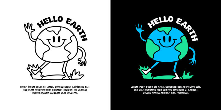 Funny earth mascot character with hello earth typography, illustration for logo, t-shirt, sticker, or apparel merchandise. With doodle, retro, groovy, and cartoon style.