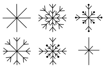 Set of different snowflakes, winter design element, doodle style flat vector outline