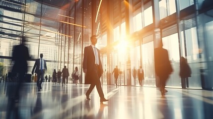 business people walking in the modern corridor office building and sun light