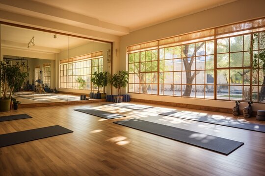Yoga gym with equipment, natural light, and wooden flooring. Generative AI