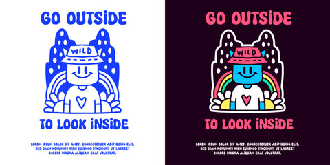 Hype cat in bucket hat with go outside to look inside typography, illustration for logo, t-shirt, sticker, or apparel merchandise. With doodle, retro, groovy, and cartoon style.