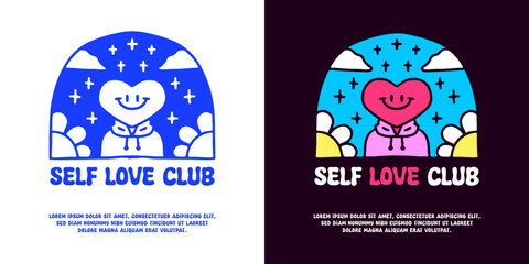 Lovely character with self love club typography, illustration for logo, t-shirt, sticker, or apparel merchandise. With doodle, retro, groovy, and cartoon style. - obrazy, fototapety, plakaty