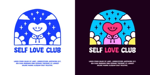 Poster Lovely character with self love club typography, illustration for logo, t-shirt, sticker, or apparel merchandise. With doodle, retro, groovy, and cartoon style. © Epan