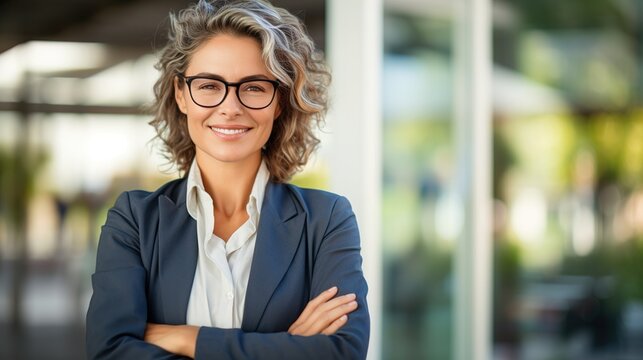 Smiling confident  mature middle aged woman standing at office. Old senior businesswoman, with her arms folded. generative ai