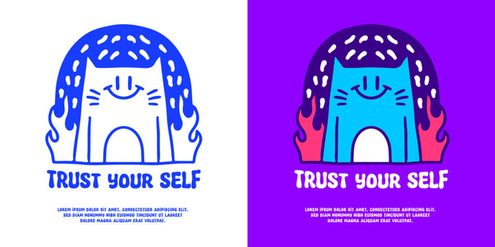 Fancy cat on fire with trust yourself typography, illustration for logo, t-shirt, sticker, or apparel merchandise. With doodle, retro, groovy, and cartoon style.