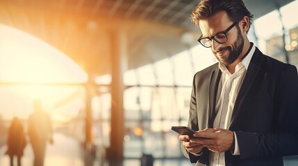 At the office, a businessman is using his smartphone. and text message on phone. generative ai