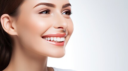 Obraz premium Closeup photo portrait of a beautiful young model, woman smiling with clean teeth, dental ad, isolated on white background