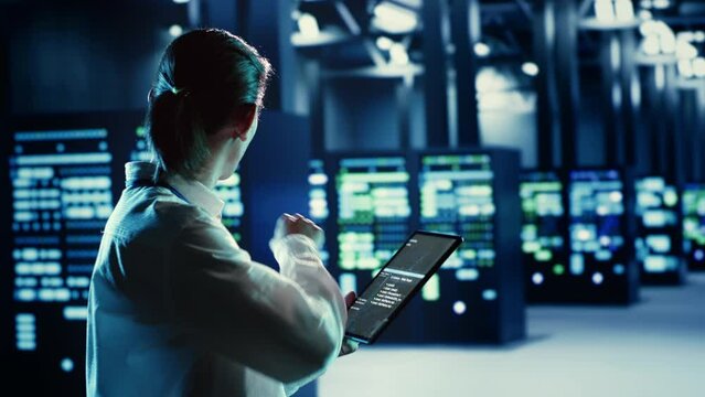 Trained asian admin running code and programming on tablet, troubleshooting and upgrading high tech facility equipment designed to accommodate servers, networking systems and storage arrays
