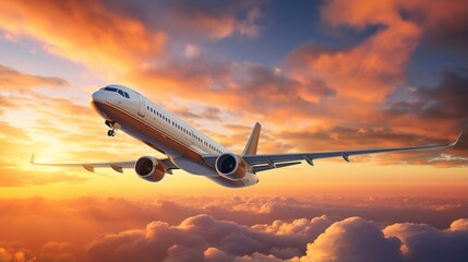 Fototapeta na wymiar Airplane in the sky at sunset background. generative ai
