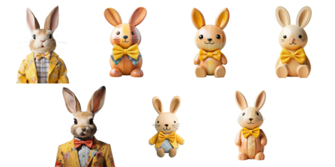Png Set An isolated photo of a wooden Easter Bunny with a yellow bowtie transparent background