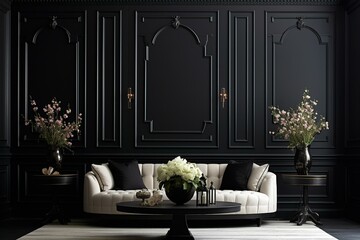 Black lacquered wall with wainscoting, perfect backdrop. Generative AI - obrazy, fototapety, plakaty