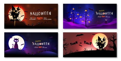 Fototapeta na wymiar Set of Happy Halloween Party invitation, greeting card, banner or poster. LED lights, trees, black cat, stars, bats, horror house and pumpkins. Design template for advertising, web, social media