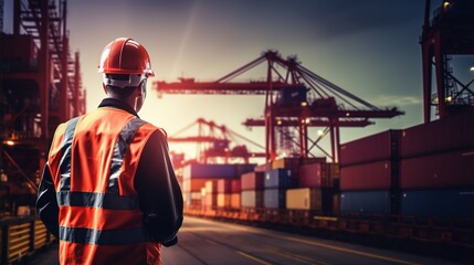 Engineers or foremen manage the loading of containers from cargo freight ships for import and export, and engineers examine the quantity of product in containers. generative ai