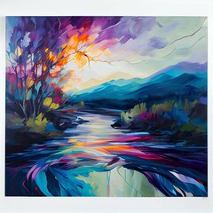 abstract painting of a colorful landscape with river