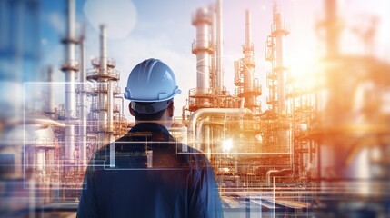Engineer worker at an oil refinery discussing and pointing for inspection and wearing a safety helmet, with a steel long pipe in the background of a crude oil facility. generative ai - obrazy, fototapety, plakaty