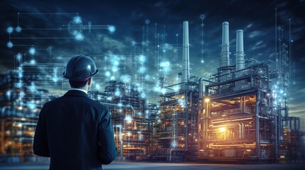 Engineer with a background in the oil refinery business and industrial instruments in the manufacturing. steel long pipe in the background of a crude oil facility. generative ai