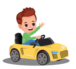 Cute boy driving a toy electric car vector cartoon illustration isolated on white background