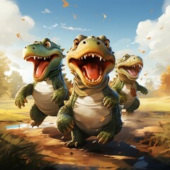 Cute funny Crocodile group running and playing on green grass in autum