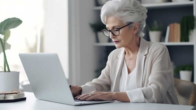 senior woman working on laptop computer at office. generative ai