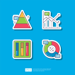Financial Pyramid, Increase Growth Chart, Statistic Bar Diagram, Pie Graph. Business Finance Chart and Graph Infographic Sticker Vector Illustration Icon Set