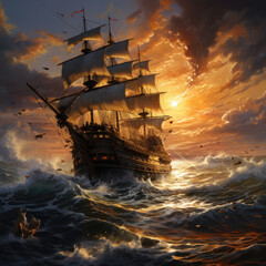 Naklejka premium Pirate ship by the sunset