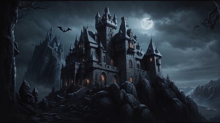 Creepy Dracula castle on haunted mountain illuminated by full moon on a horror night halloween theme painting - obrazy, fototapety, plakaty
