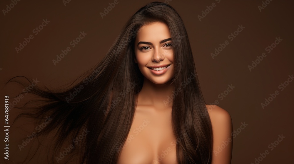 Wall mural Portrait of a beautiful brunette woman with long wavy hair, beautiful skin, and natural makeup. 