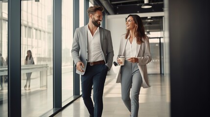 business couple walking in modern office corridor - obrazy, fototapety, plakaty