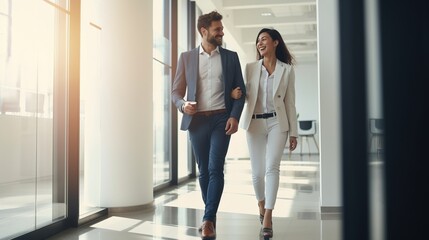 business couple walking in modern office corridor - obrazy, fototapety, plakaty