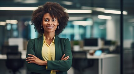 Portrait of a businesswoman standing with crossed arms in an office - obrazy, fototapety, plakaty
