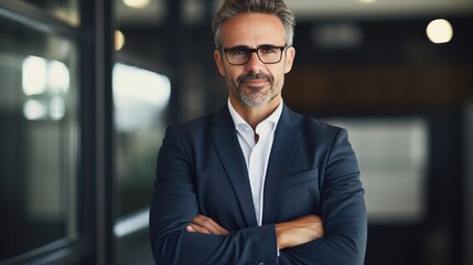 Fototapeta premium Business man executive standing in office. Smiling mature confident professional manager, confident businessman investor looking at camera, headshot, generative ai