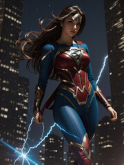 An AI-crafted vision: A formidable female superhero in striking red and blue attire, conjuring lightning bolts with electrifying prowess, a beacon of courage and justice.